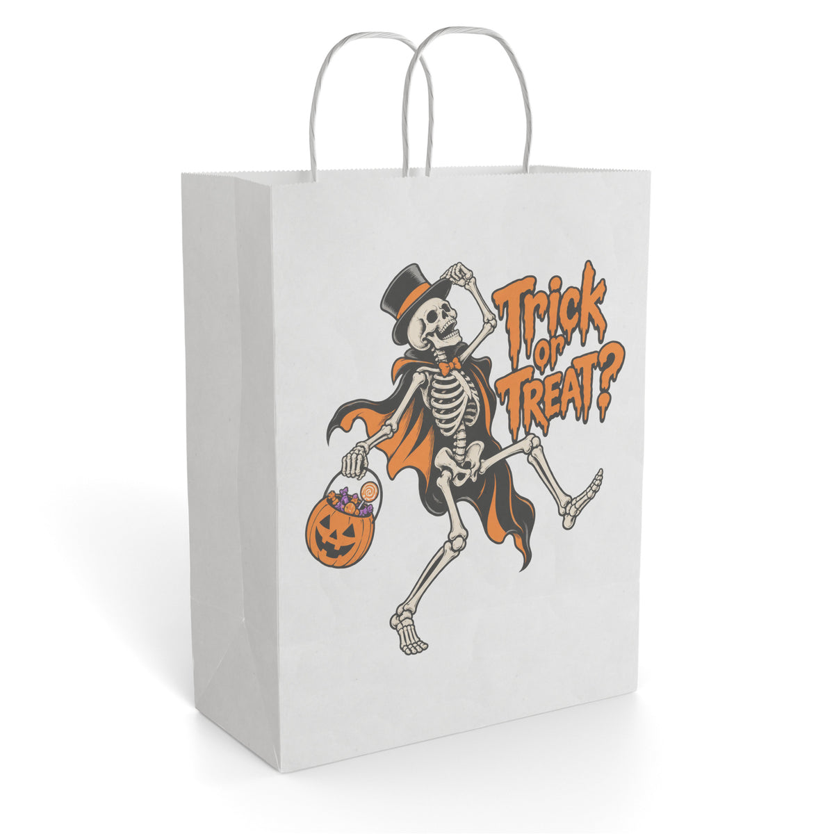 White paper gift bag with twisted handles, featuring a top-hatted dancing skeleton, pumpkin and bold orange “Trick or Treat?” lettering.