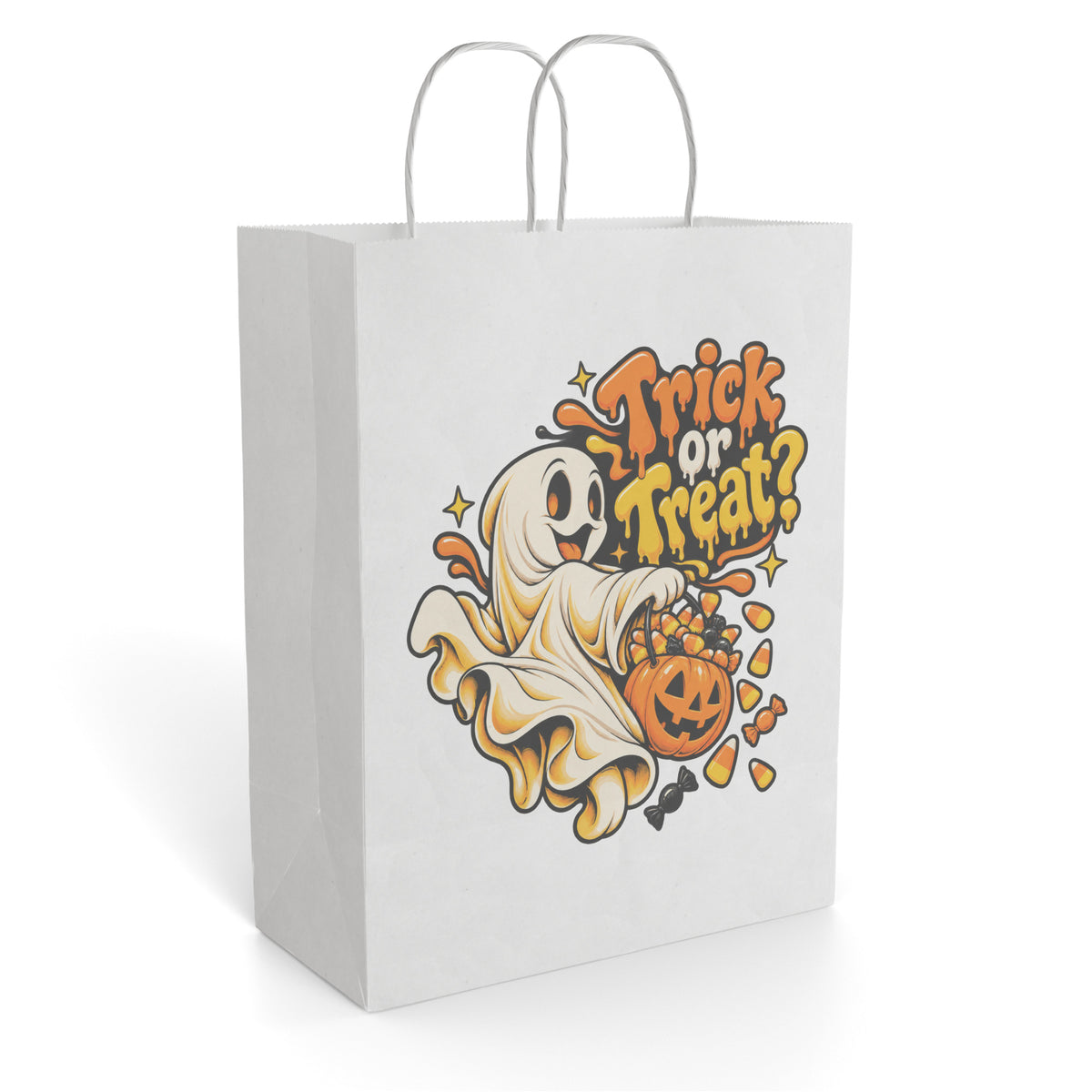 White paper gift bag with twisted handles, featuring a friendly ghost holding a pumpkin filled with sweets and “Trick or Treat?” lettering.