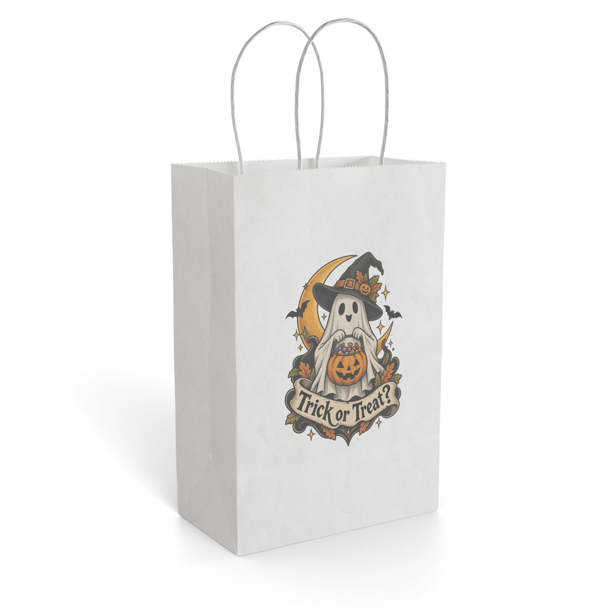 White paper gift bag with twisted handles, showing a ghost in a witch hat holding a pumpkin treat bucket beneath a “Trick or Treat?” banner.