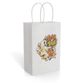 White paper gift bag with twisted handles, featuring a friendly cartoon ghost holding a pumpkin filled with sweets, candy and “Trick or Treat?” lettering.