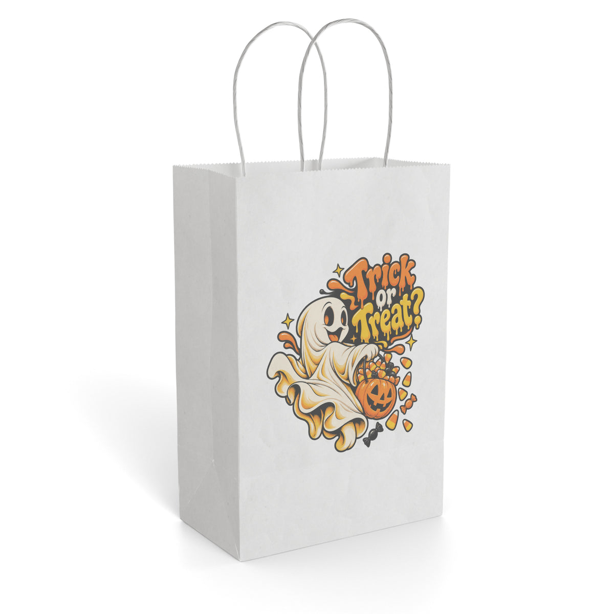White paper gift bag with twisted handles, featuring a friendly cartoon ghost holding a pumpkin filled with sweets, candy and “Trick or Treat?” lettering.