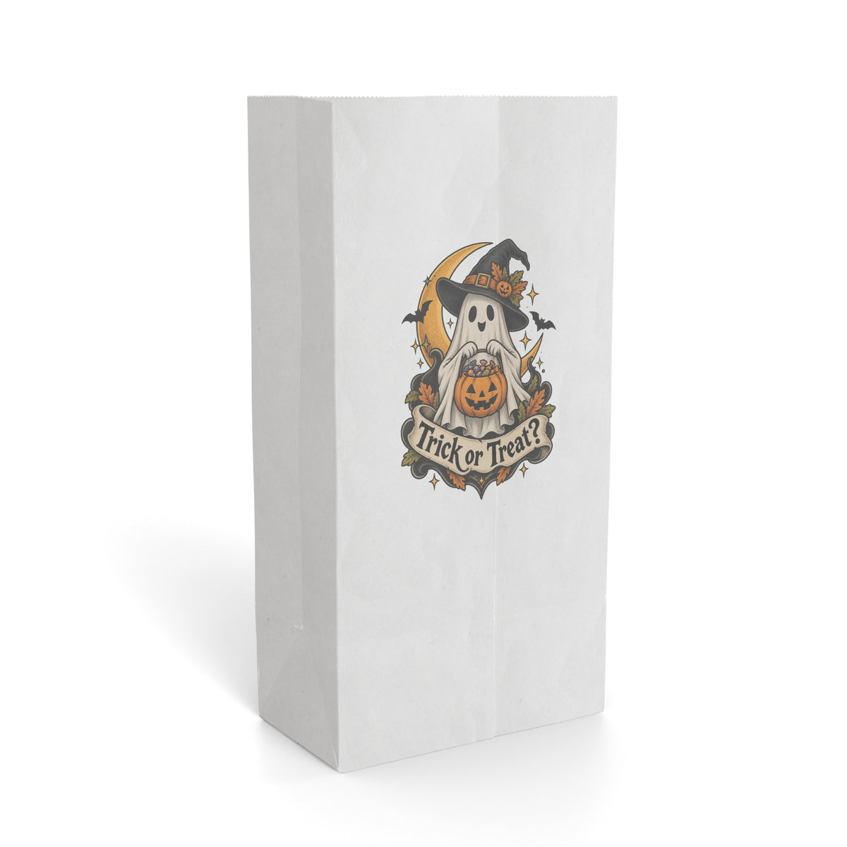 White paper gift bag featuring a friendly ghost in a witch hat holding a grinning pumpkin, with a ‘Trick or Treat?’ banner