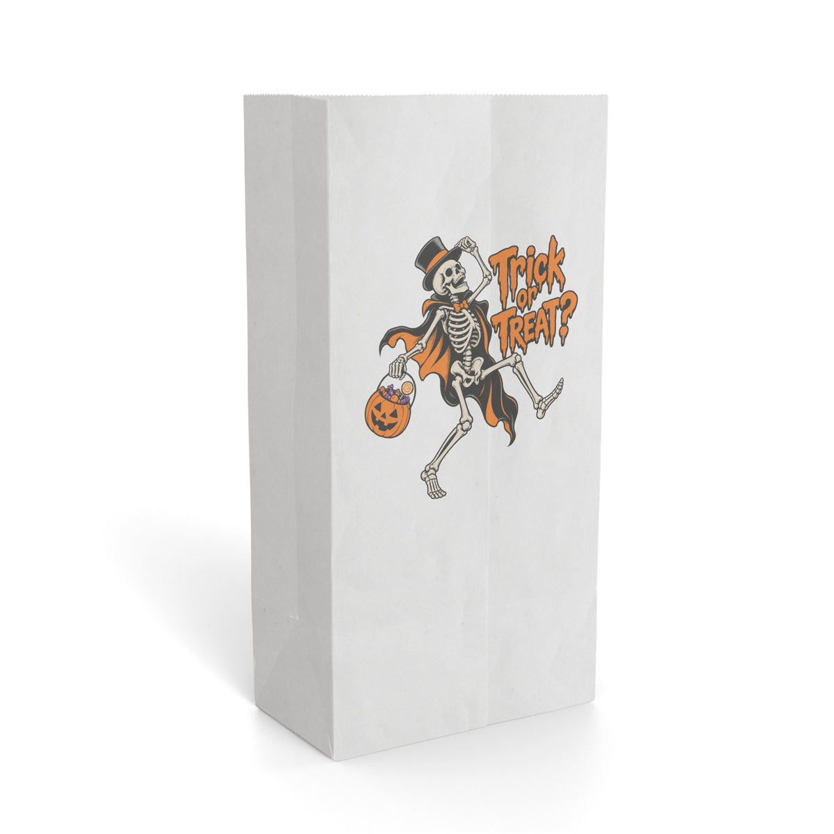 White paper gift bag featuring a top-hatted dancing skeleton, orange cape, pumpkin treat bucket and bold orange “Trick or Treat?” lettering