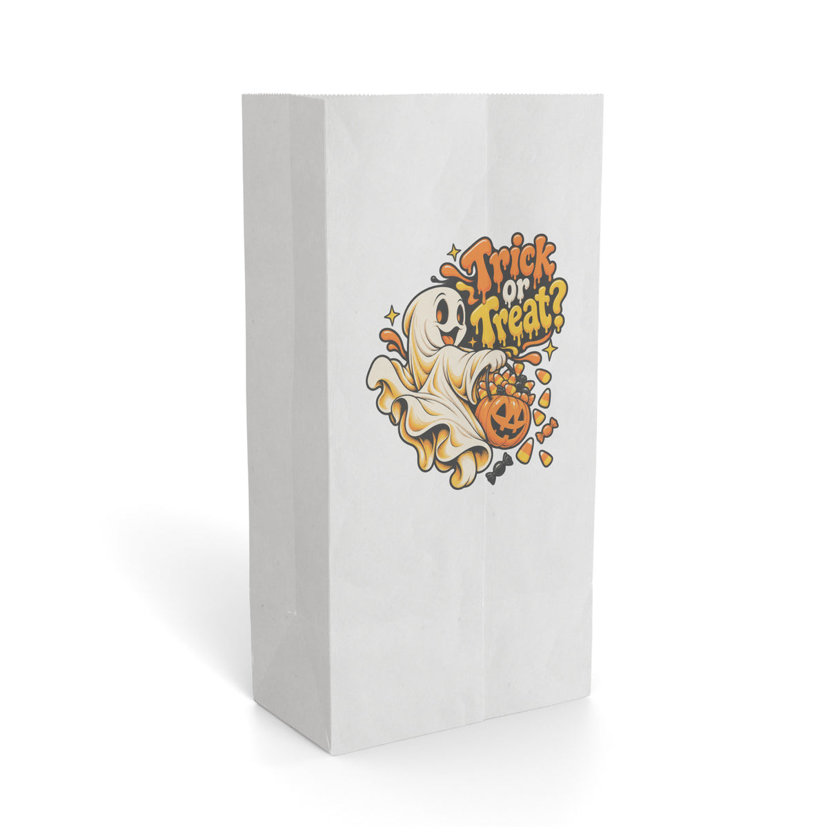 White paper gift bag with a friendly ghost holding a pumpkin filled with sweets, surrounded by stars and “Trick or Treat?” lettering.
