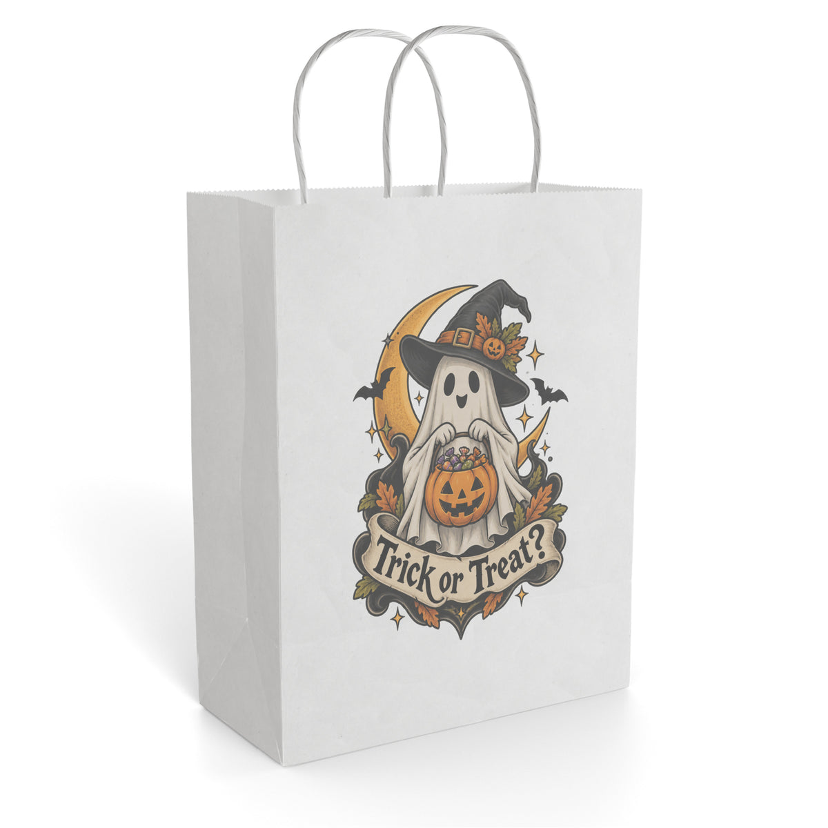 White paper gift bag with twisted handles, featuring a vintage ghost in a witch hat holding a grinning pumpkin and a “Trick or Treat?” banner.