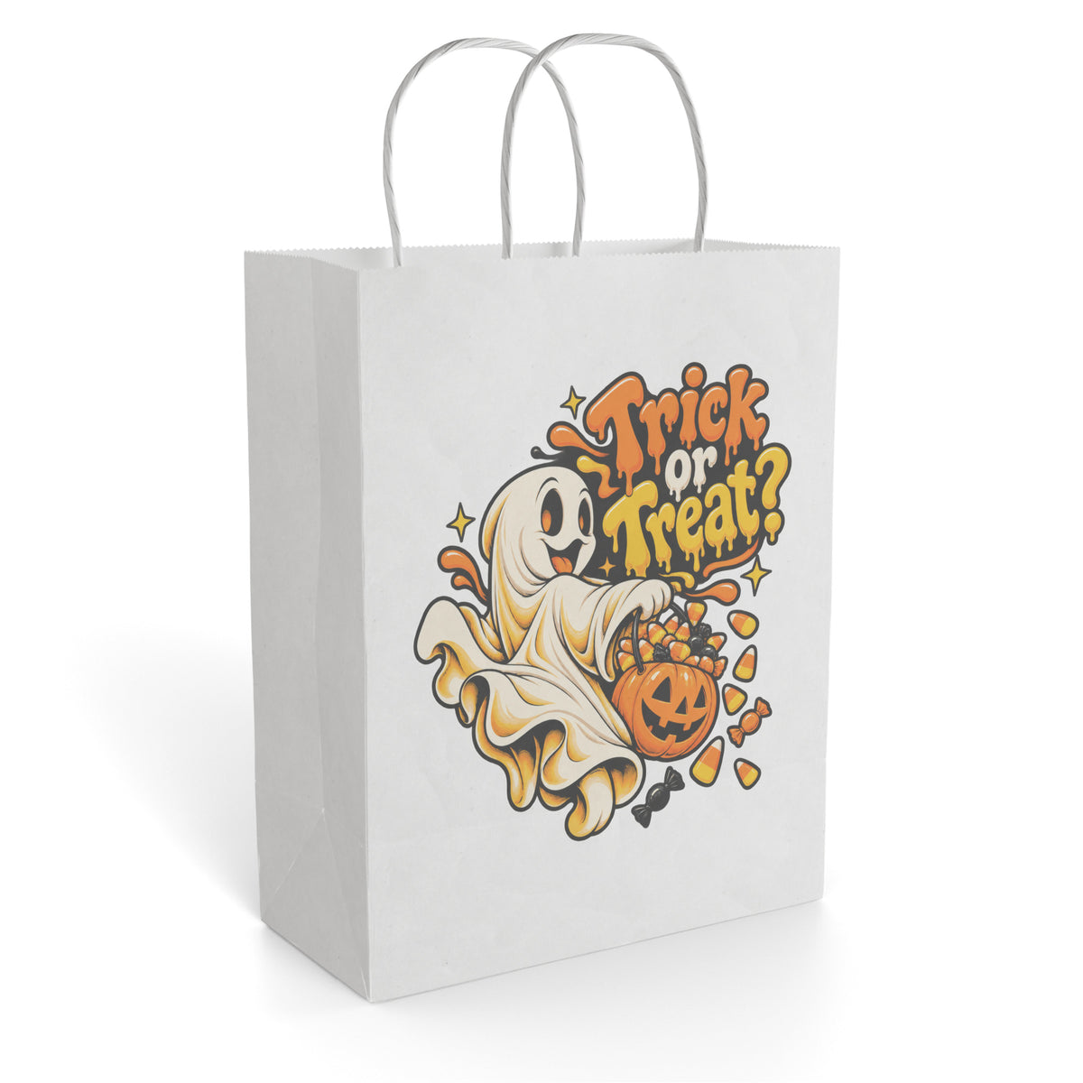 White paper gift bag with twisted handles, showing a friendly ghost, pumpkin filled with sweets, stars and “Trick or Treat?” lettering.