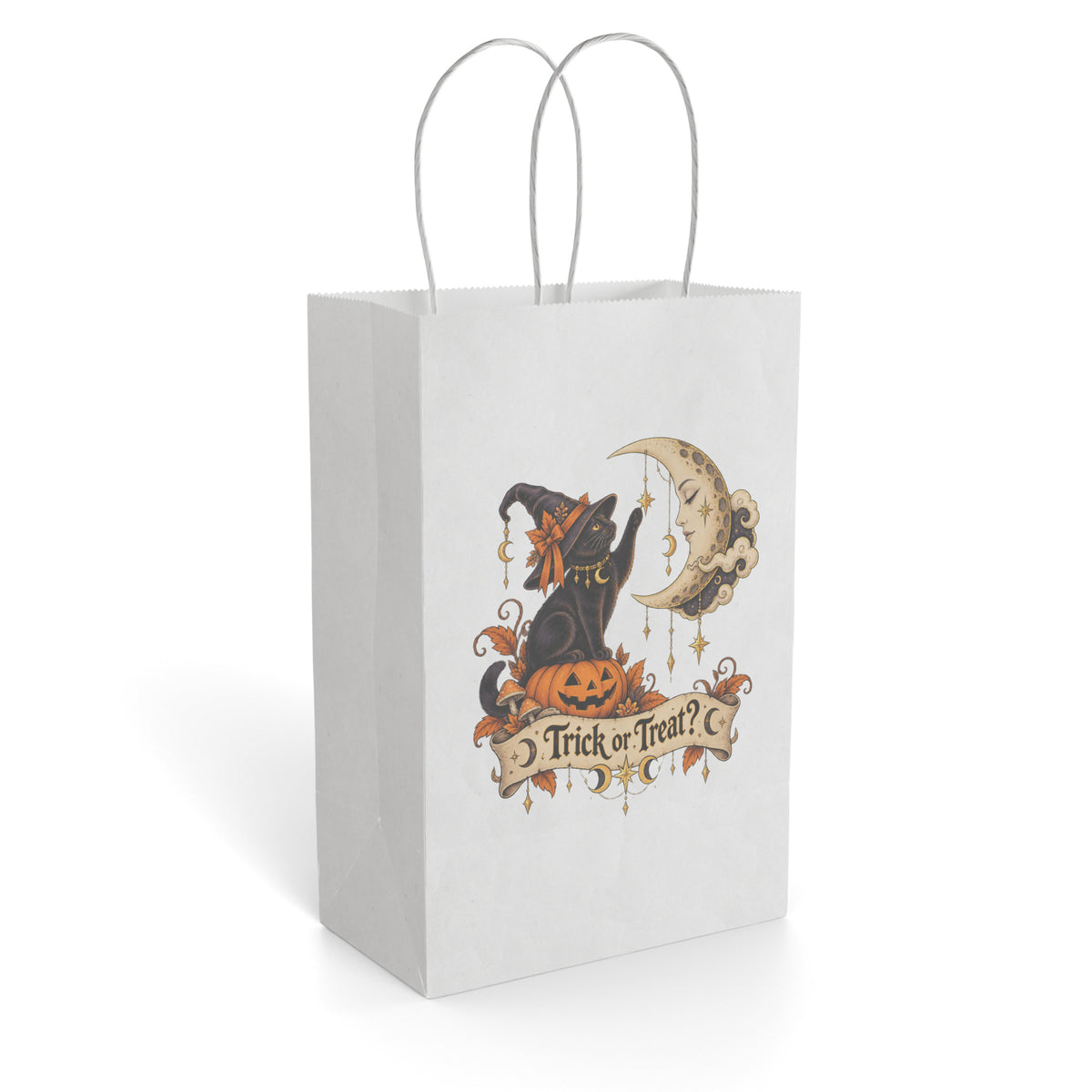 Paper gift bag featuring a black cat in a witch hat beside a crescent moon with a Trick or Treat banner.