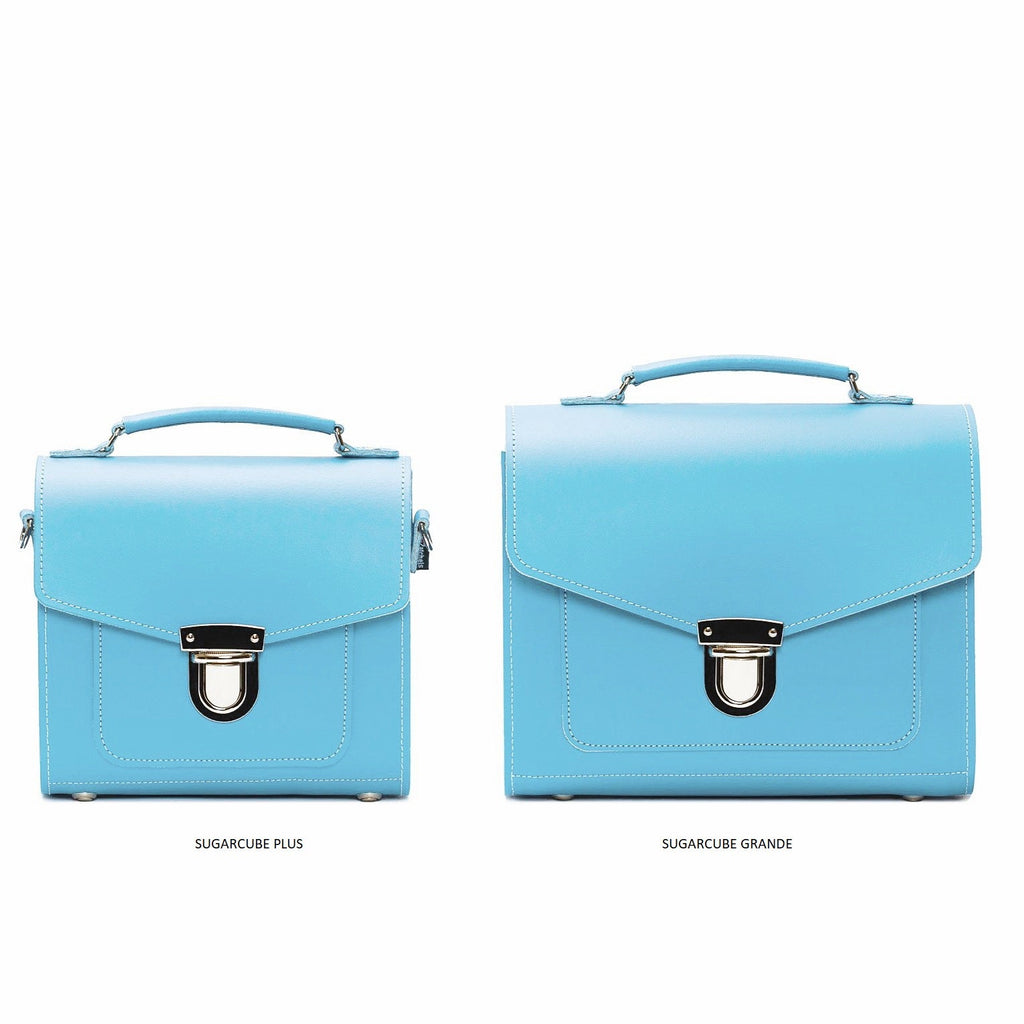 Zatchels Pastel Baby Blue Sugarcube handbag size comparison
