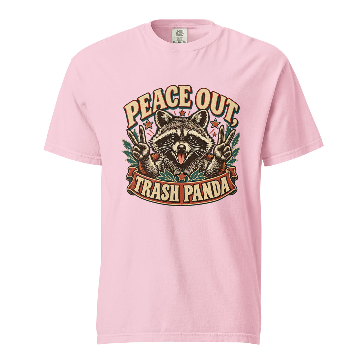 Front view of a Blossom T-shirt featuring a raccoon graphic with peace signs and the words “Peace Out Trash Panda.”