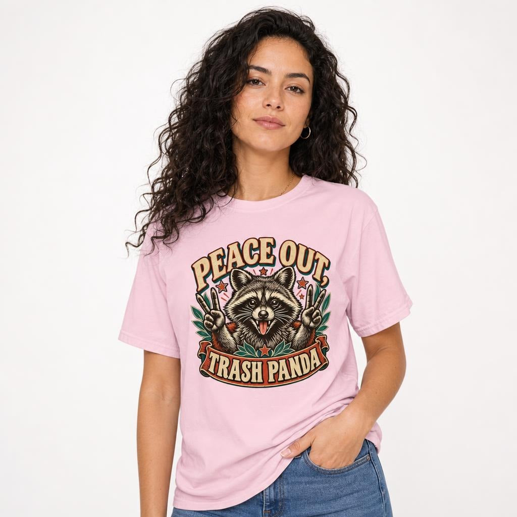 Front view of a model wearing a Blossom T-shirt featuring a raccoon graphic with the words “Peace Out” and “Trash Panda.”