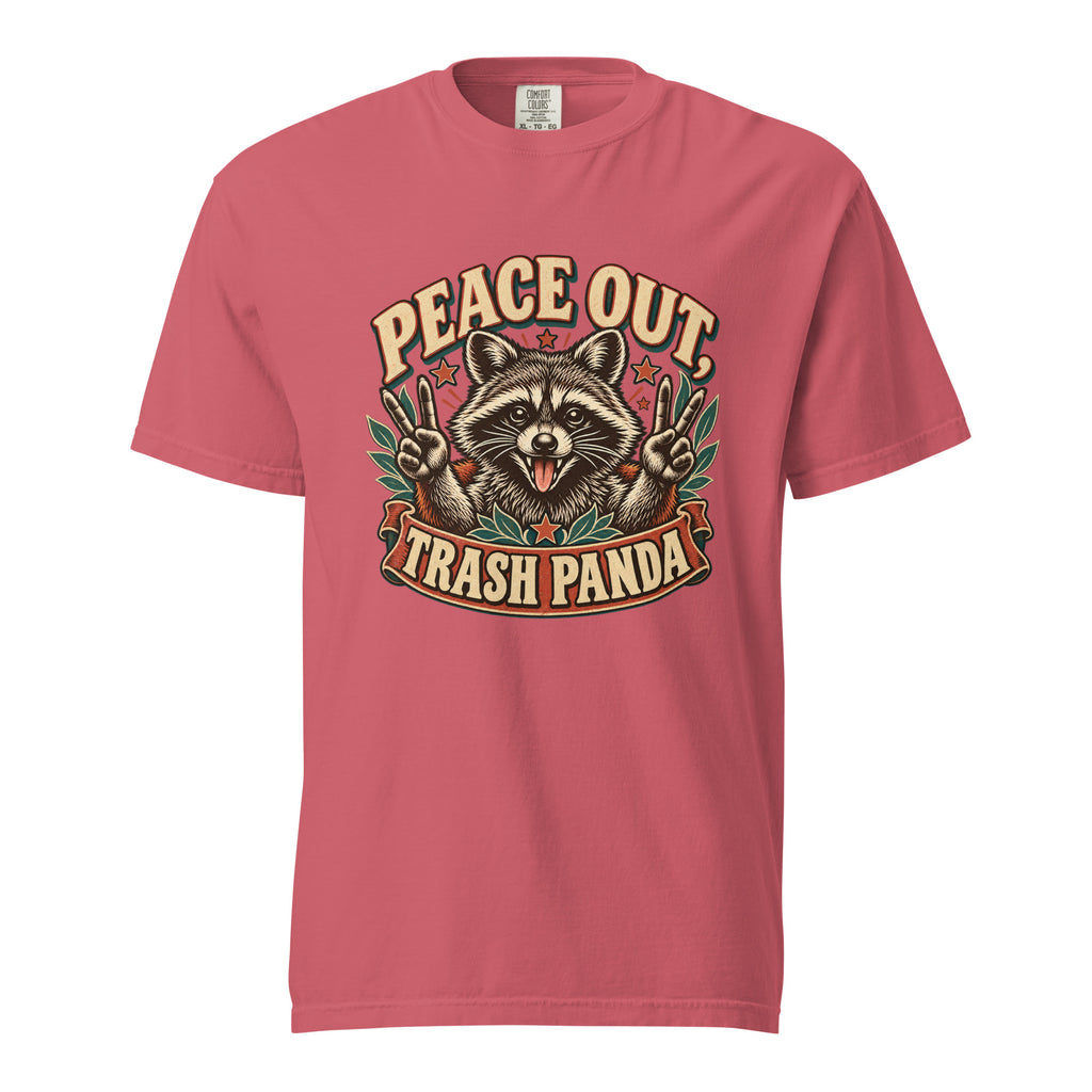 Front view of a Watermelon T-shirt featuring a cheerful raccoon graphic with peace signs and “Peace Out Trash Panda” text.