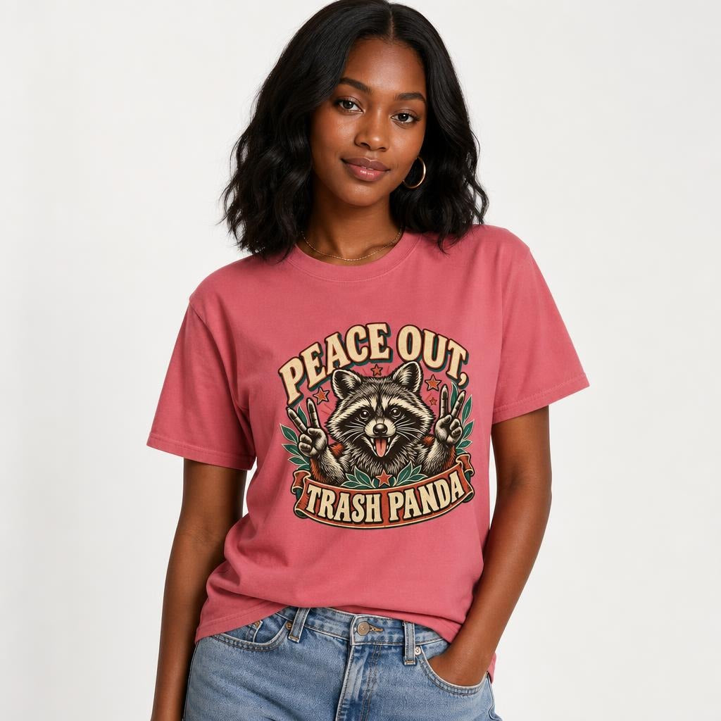 Peace Out Trash Panda Raccoon t shirt in Watermelon worn by a studio model in an upper-body three quarter right pose on a clean white background