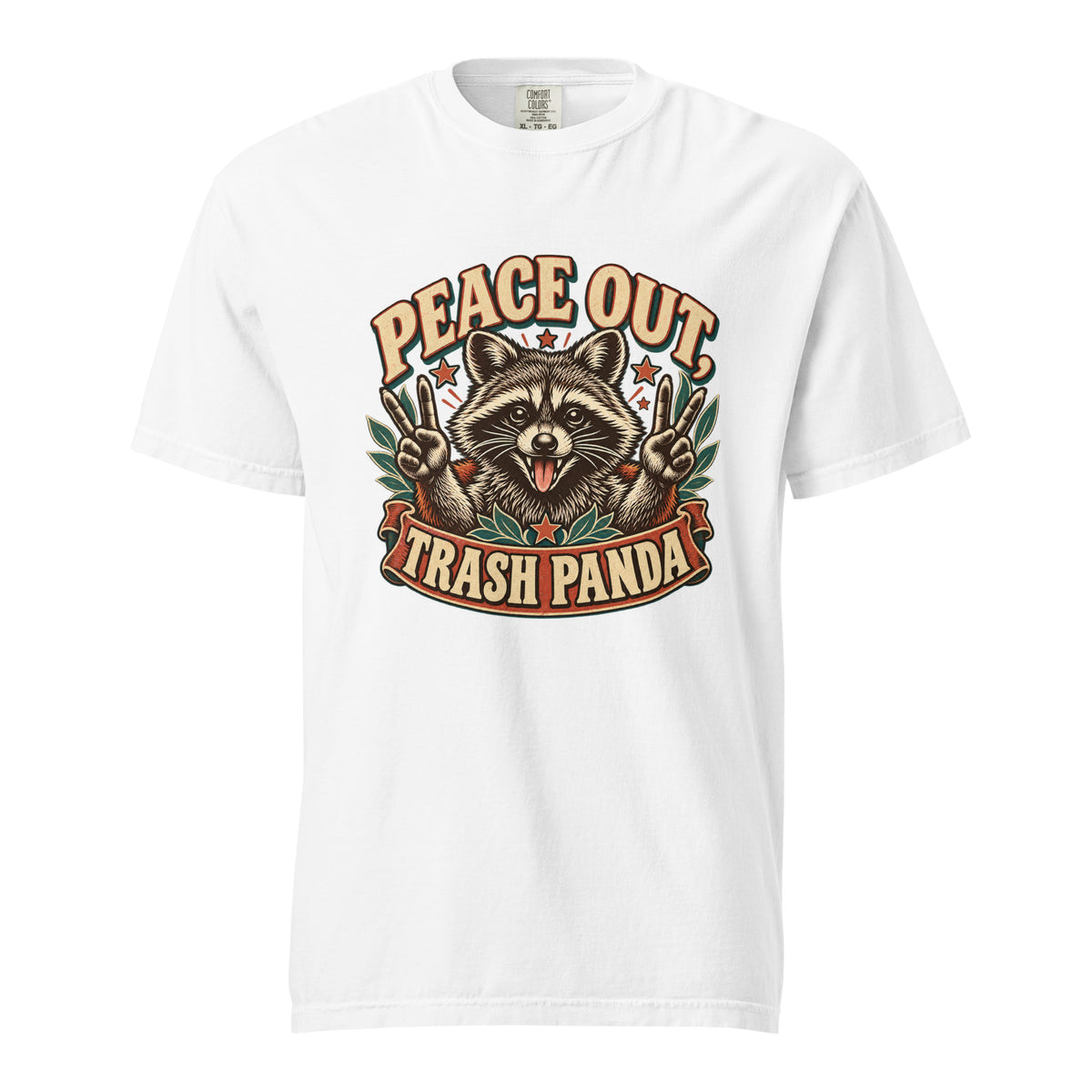 Front view of a white T-shirt featuring a raccoon graphic with the words “Peace Out” and “Trash Panda.”