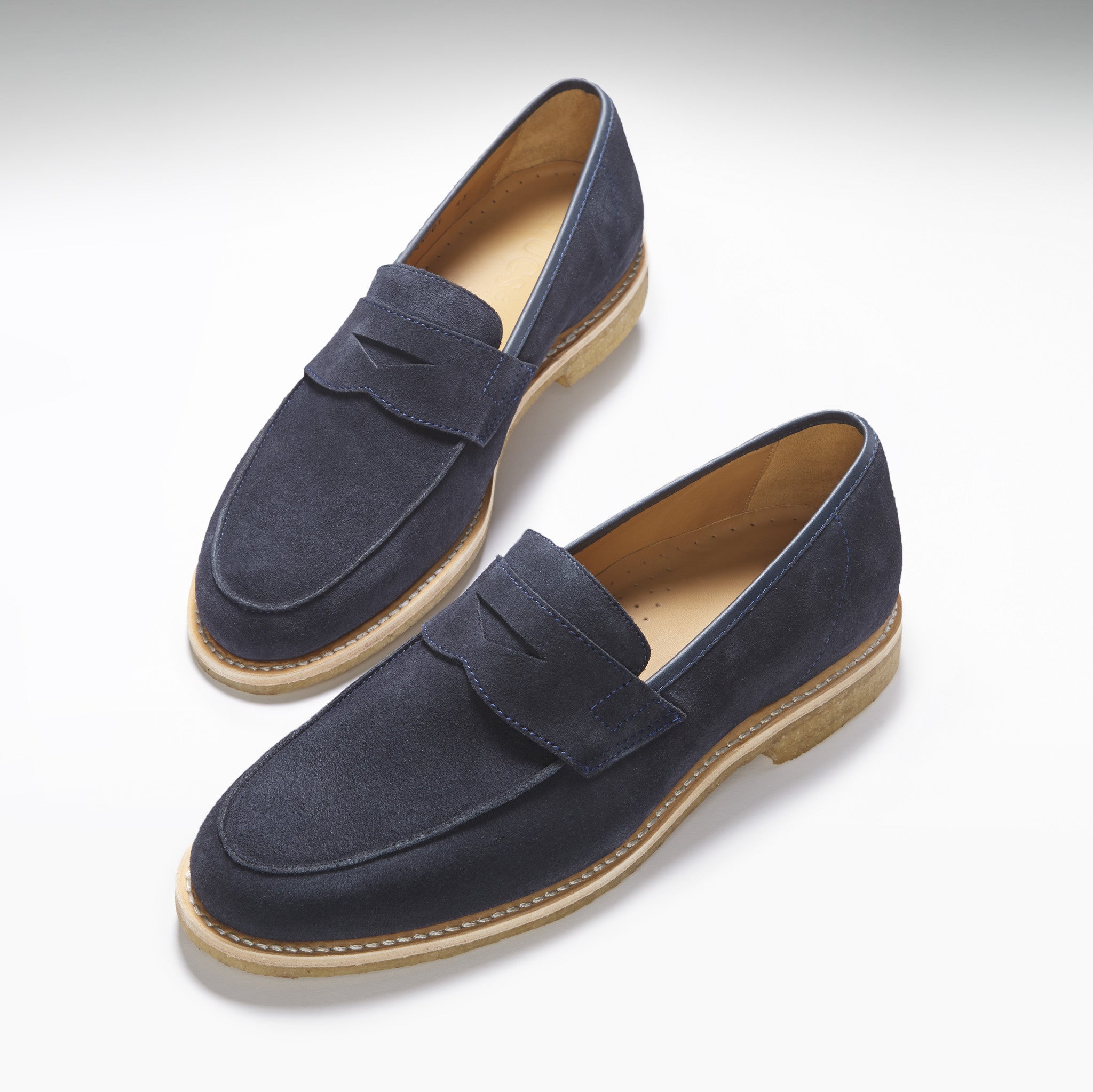 Hugs & Co Mens Blue Suede Loafers Crepe Rubber Welted Sole
