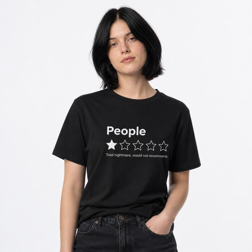 Model wearing a Black T-shirt with “People” text and a five-star graphic showing one filled star and four outlined stars.