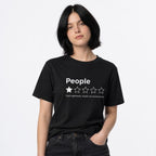 Model wearing a Black T-shirt with “People” text and a five-star graphic showing one filled star and four outlined stars.