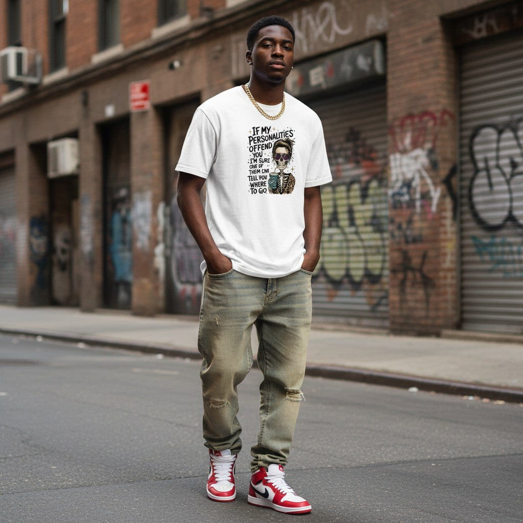 Black man in a streetwear style photo wearing a white t-shirt.