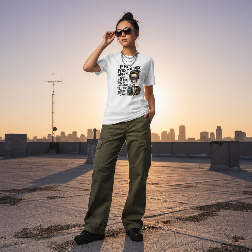 East Asian woman in streetwear wearing a white t-shirt with a skeleton girl design.