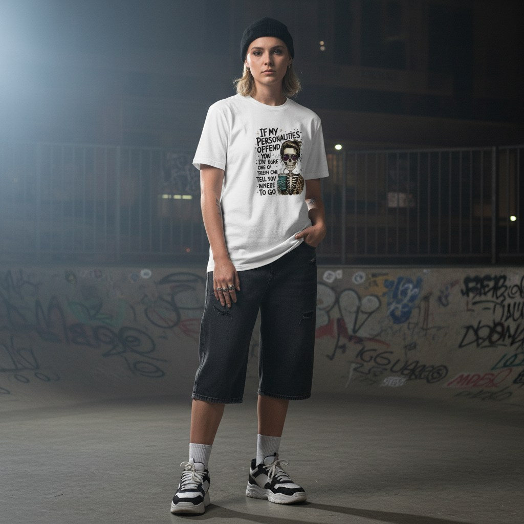 Non-binary person in urban streetwear wearing a white t-shirt with a skeleton girl design.