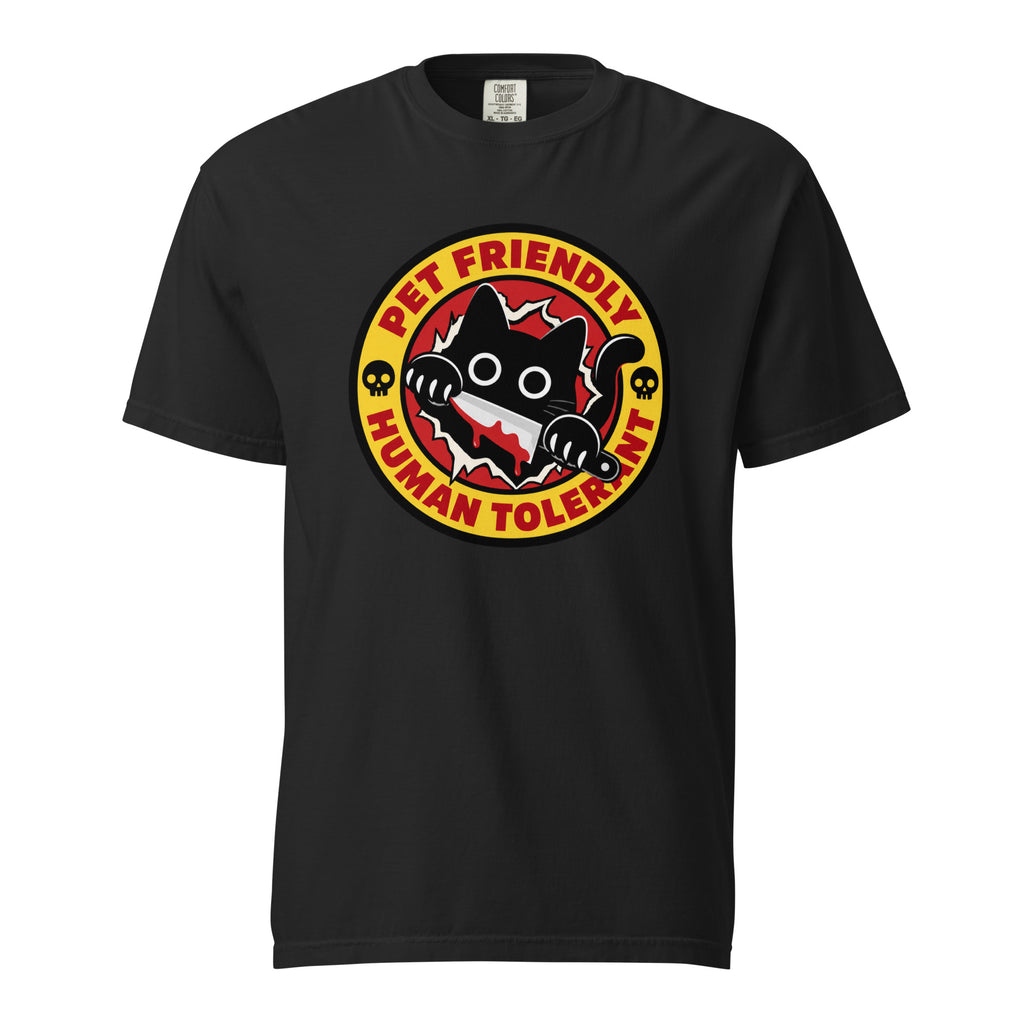 Front view of a black T-shirt featuring a cartoon black cat holding a knife, skull motifs, and “PET FRIENDLY HUMAN TOLERANT” text.