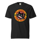 Front view of a black T-shirt featuring a cartoon black cat holding a knife, skull motifs, and “PET FRIENDLY HUMAN TOLERANT” text.