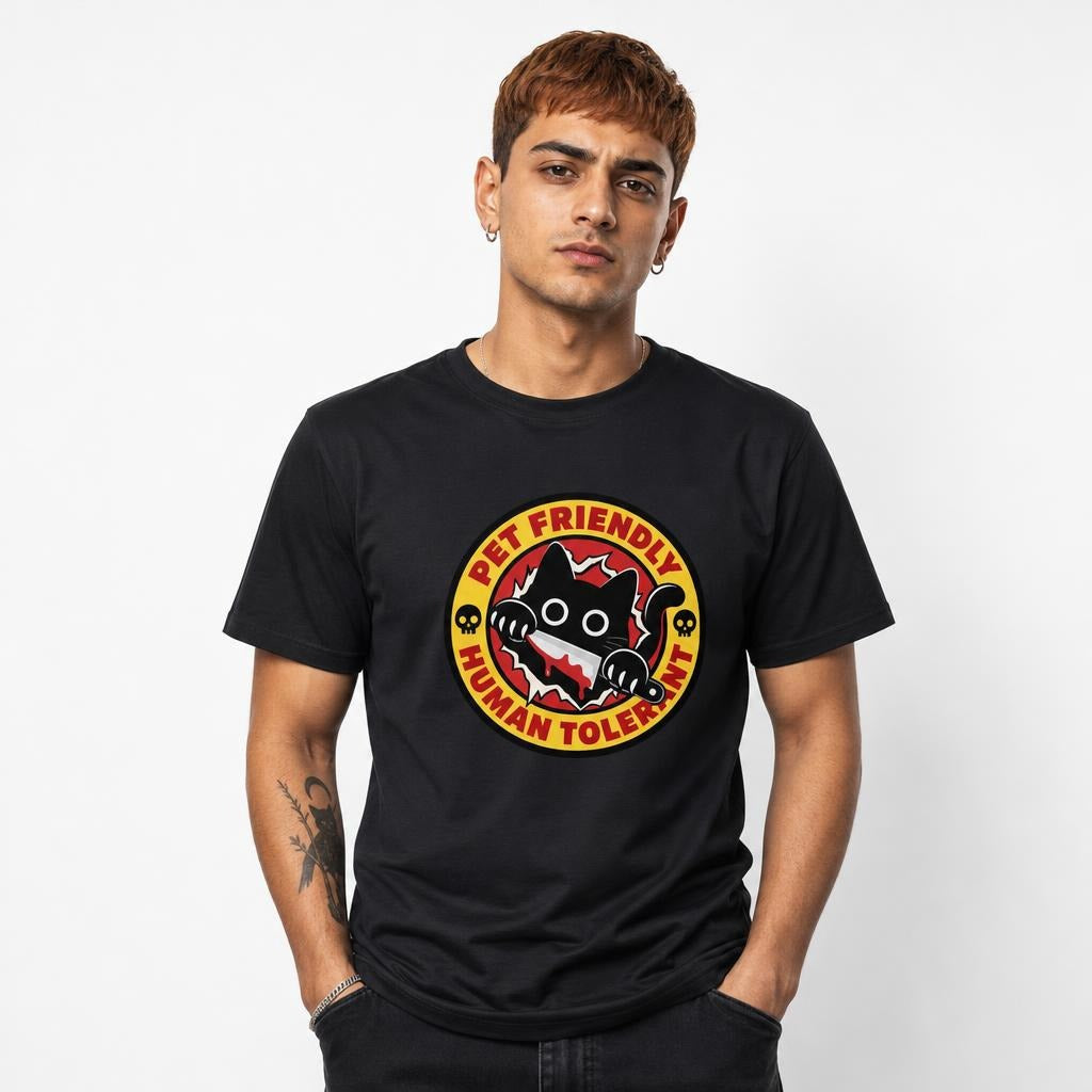 Front view of a black T-shirt featuring a cartoon black cat with a knife, skull motifs, and a circular “PET FRIENDLY, HUMAN TOLERANT” caption.