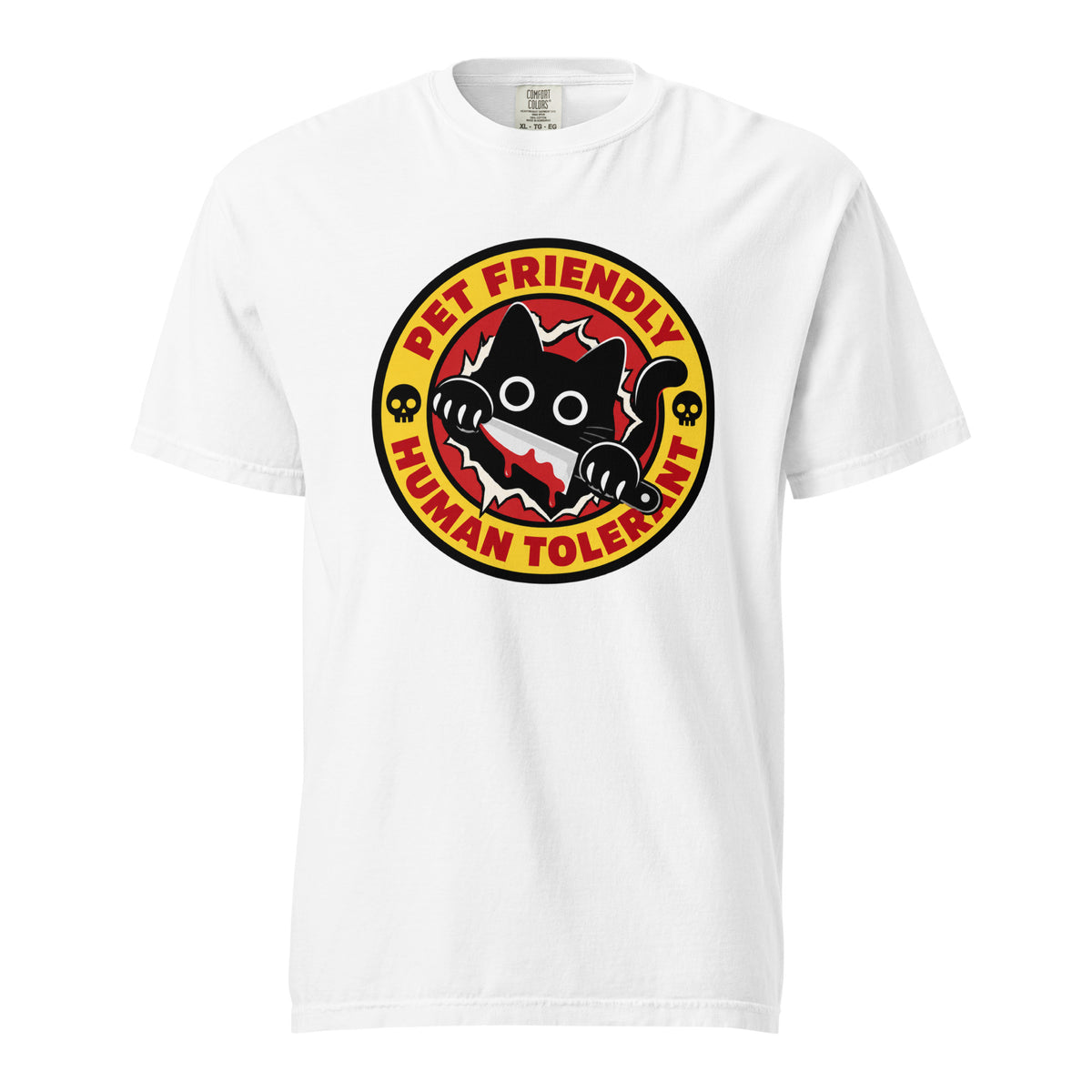 Front view of a white T-shirt featuring a cartoon black cat with a knife in its mouth, skulls, and “PET FRIENDLY HUMAN TOLERANT” text.