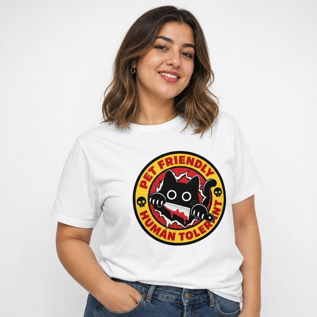 Front view of a person wearing a white T-shirt with a cartoon black cat holding a knife, skull motifs, and “PET FRIENDLY” text.