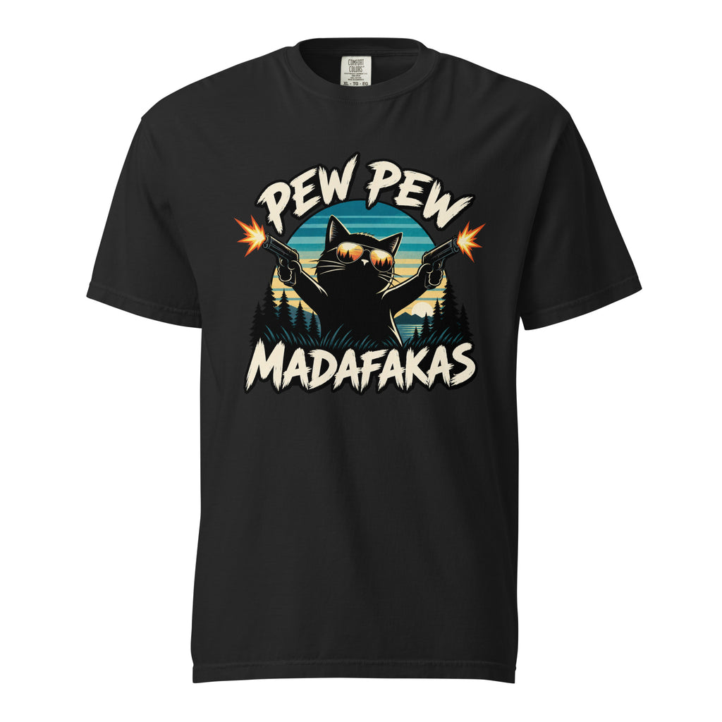 Black T-Shirt with a cartoon cat in reflective sunglasses firing two pistols, a retro landscape and “PEW PEW MADAFAKAS” lettering.
