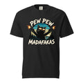 Black T-Shirt with a cartoon cat in reflective sunglasses firing two pistols, a retro landscape and “PEW PEW MADAFAKAS” lettering.