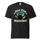 Black T-Shirt with a cartoon cat in reflective sunglasses firing two pistols, a retro landscape and “PEW PEW MADAFAKAS” lettering.