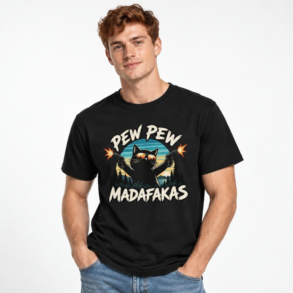 Model wearing a Black T-Shirt with a cartoon cat in sunglasses firing two pistols, framed by “PEW PEW” and “MADAFAKAS”.