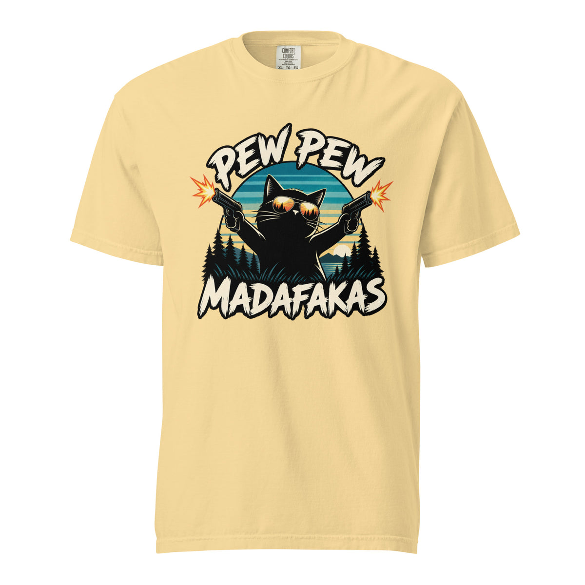 Butter T-shirt featuring a black cat in reflective sunglasses firing two pistols, framed by “PEW PEW MADAFAKAS” and a retro landscape.
