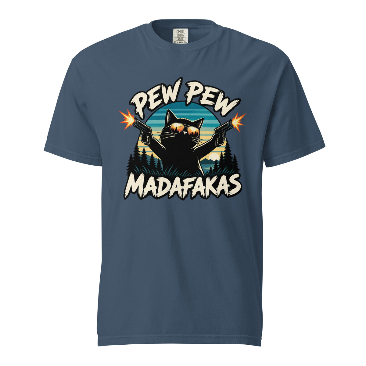 Front of Midnight T-shirt with a black cat wearing sunglasses and firing two pistols, framed by “PEW PEW” and “MADAFAKAS” lettering.