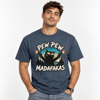 Model wearing a Midnight T-shirt with a black cat in sunglasses firing two pistols, framed by “PEW PEW” and “MADAFAKAS” lettering.