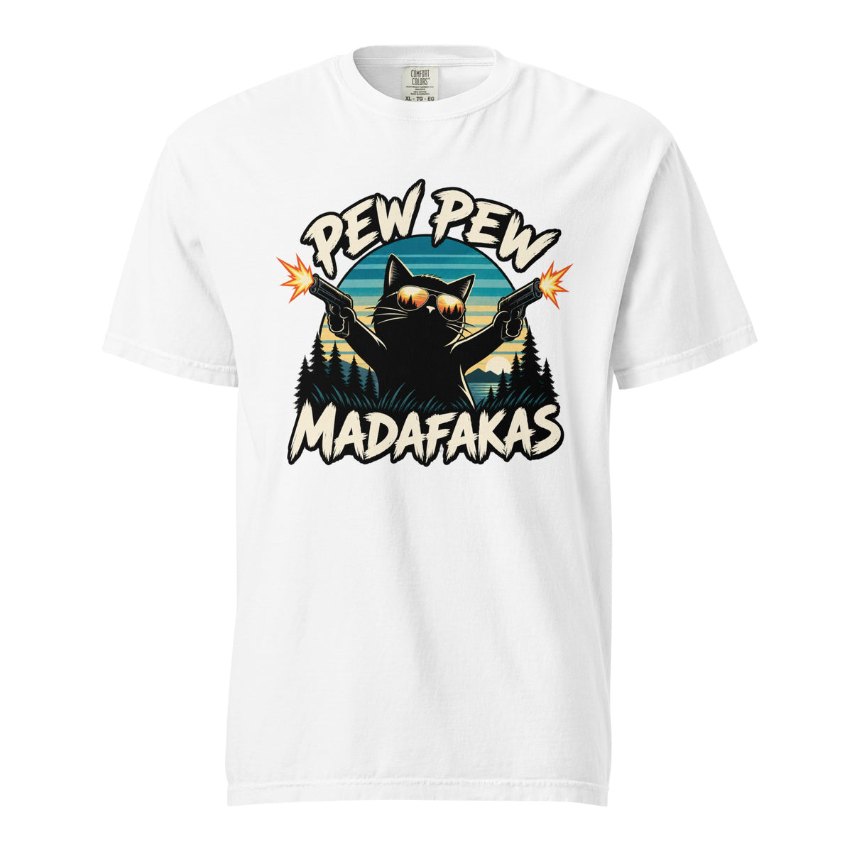 White T-Shirt featuring a black cat in sunglasses firing two pistols against a retro landscape, framed by “PEW PEW” and “MADAFAKAS”.