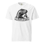 Front view of a white T-shirt with a black-and-white illustrated dinosaur raising a claw above the distressed word “PHILOSORAPTOR.”