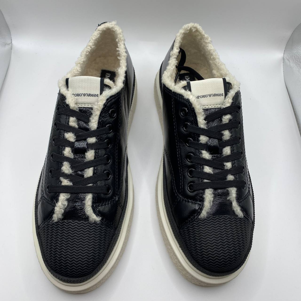 Armani Black Leather Faux Fur Womens Sneakers UK 5 EU 38