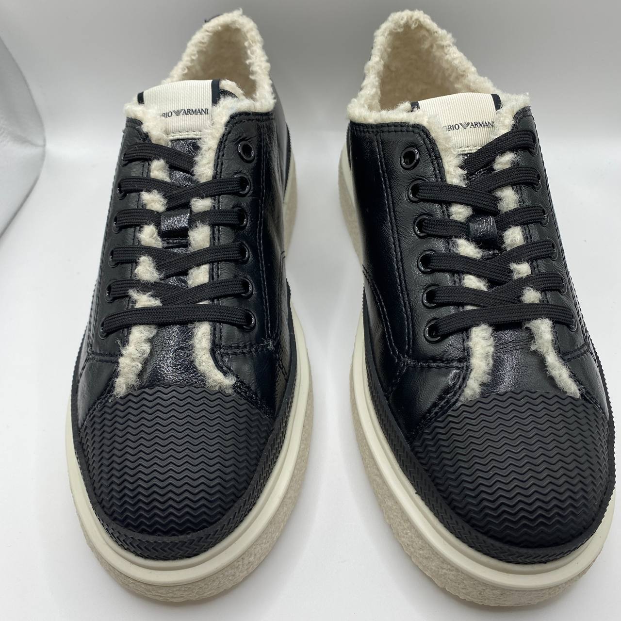 Armani Black Leather Faux Fur Womens Sneakers UK 5 EU 38