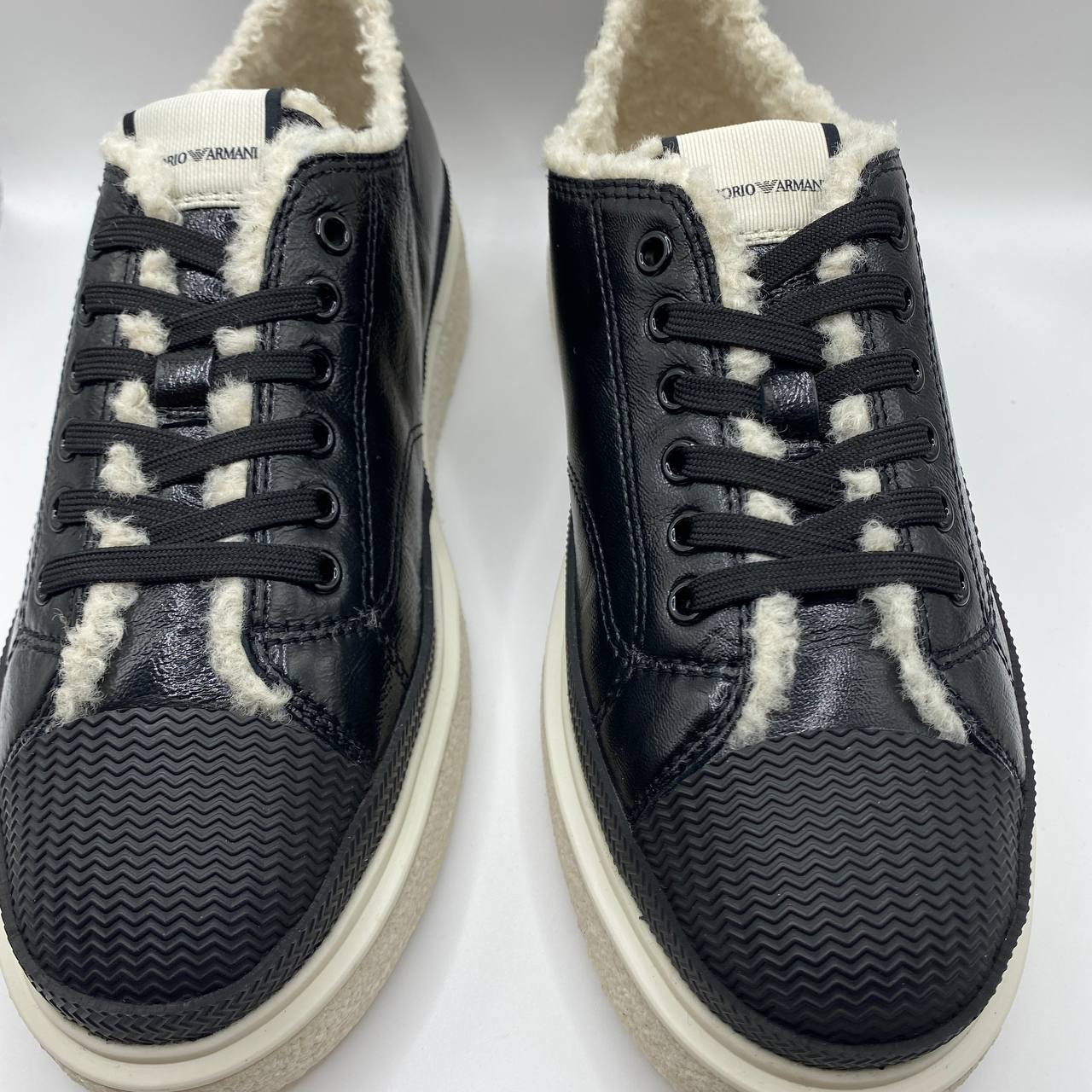 Armani Black Leather Faux Fur Womens Sneakers UK 5 EU 38