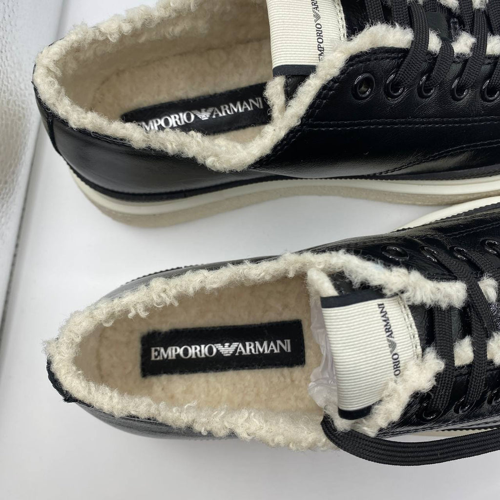 Armani Black Leather Faux Fur Womens Sneakers UK 5 EU 38