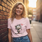 Woman wearing a pink t-shirt with a cat graphic, standing against a brick wall.