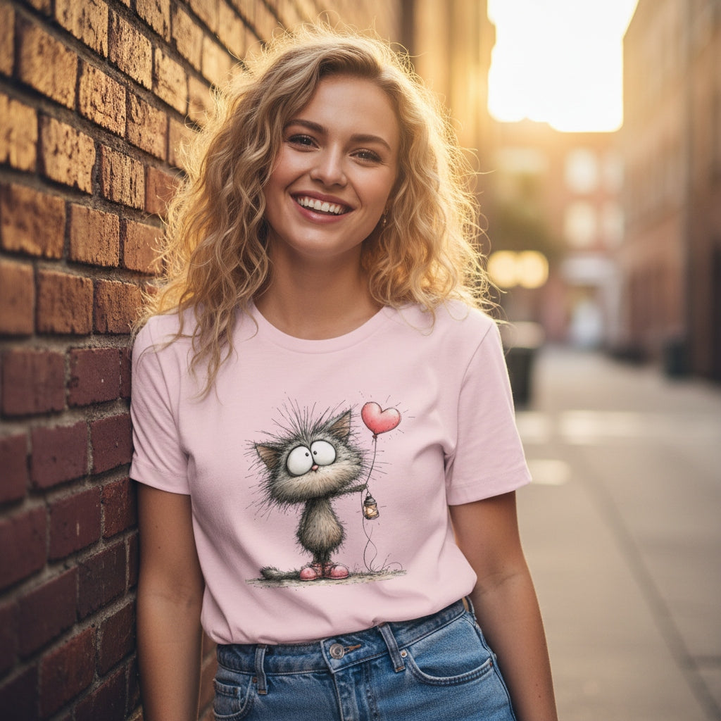Woman wearing a pink t-shirt with a cat graphic, standing against a brick wall.