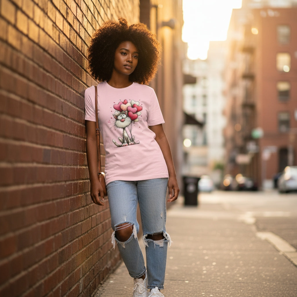 Woman wearing a pink t-shirt with a graphic design, standing against a brick wall on a city street.