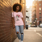 Woman wearing a pink t-shirt with a graphic design, standing against a brick wall on a city street.