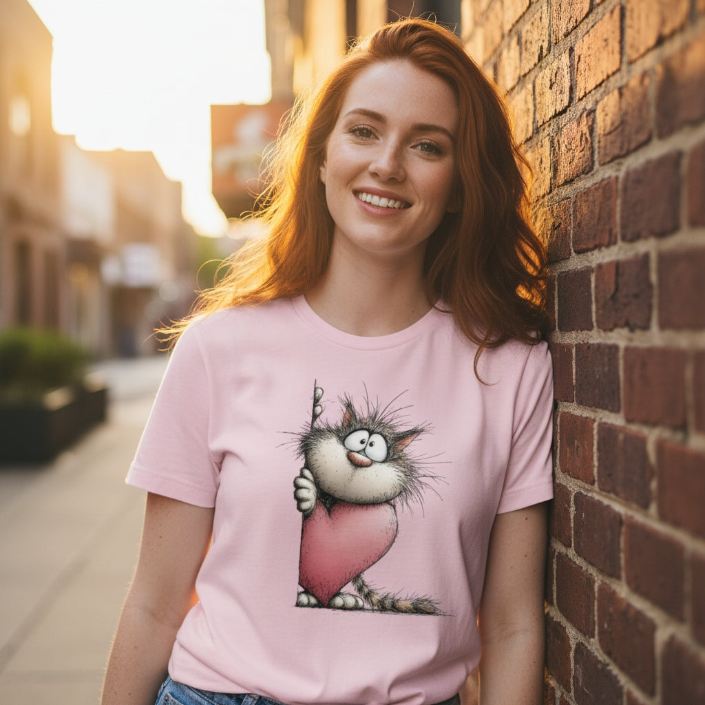 Woman wearing a pink t-shirt with a cartoon cat design, standing against a brick wall.