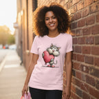 Woman wearing a pink t-shirt with a cat and heart design, standing against a brick wall.