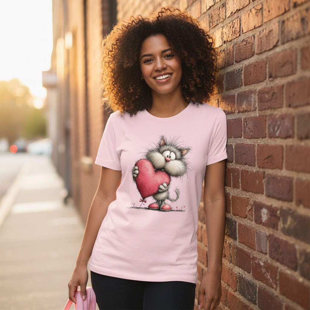 Woman wearing a pink t-shirt with a cat and heart design, standing against a brick wall.