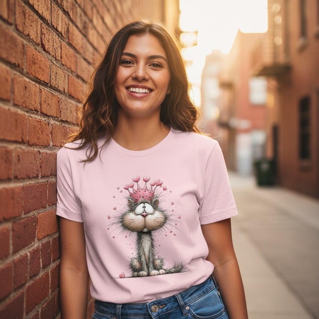Woman wearing a pink t-shirt with a cat graphic, standing against a brick wall.