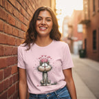 Woman wearing a pink t-shirt with a cat graphic, standing against a brick wall.
